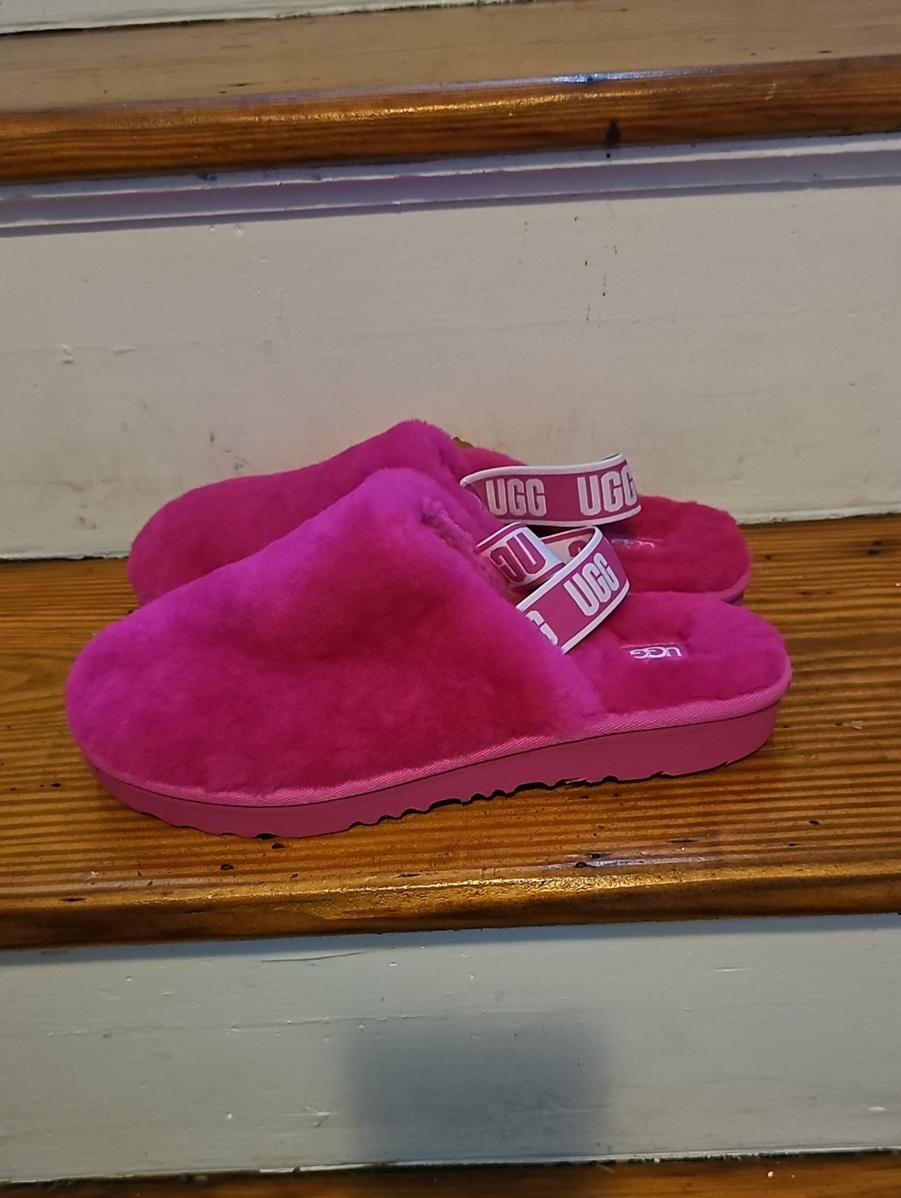 UGG Hot Pink Fuzzy Slide Sandals with Branded Heel Strap